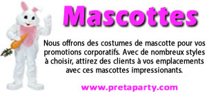 Divers mascottes disponibles pour votre promotion commerciale. Attirez des clients à  vos magasins avec nos costumes de mascotte impressionnantes, du Prêt-à-PARTY à Montréal